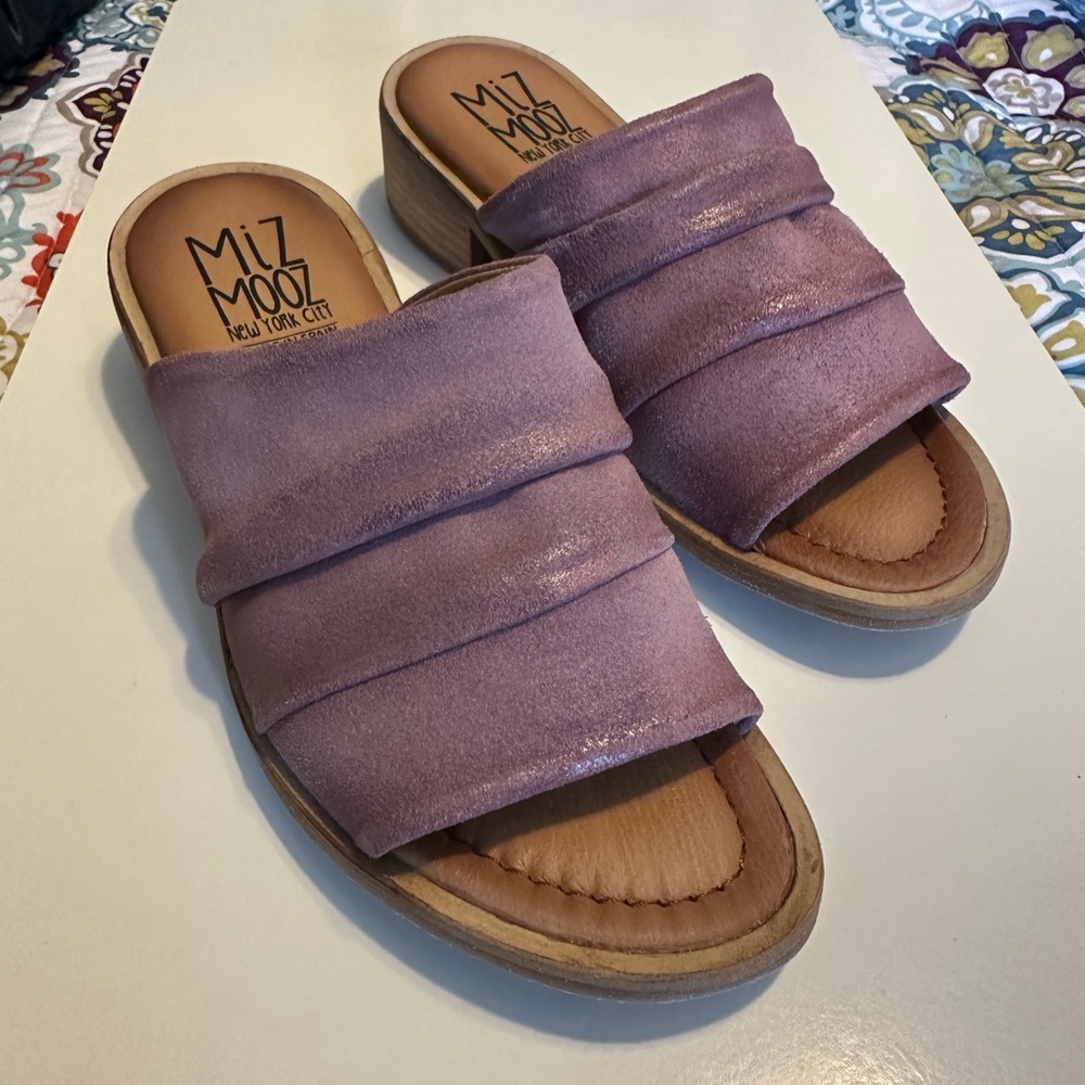Miz Mooz Mali Purple Leather Ruched Mules Slides Sandals